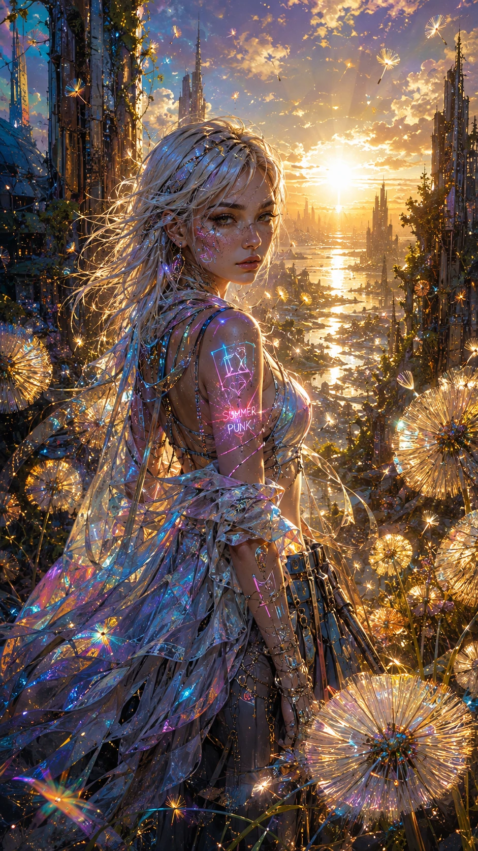 Mulher de cabelo platinado em uma paisagem urbana surreal de verão