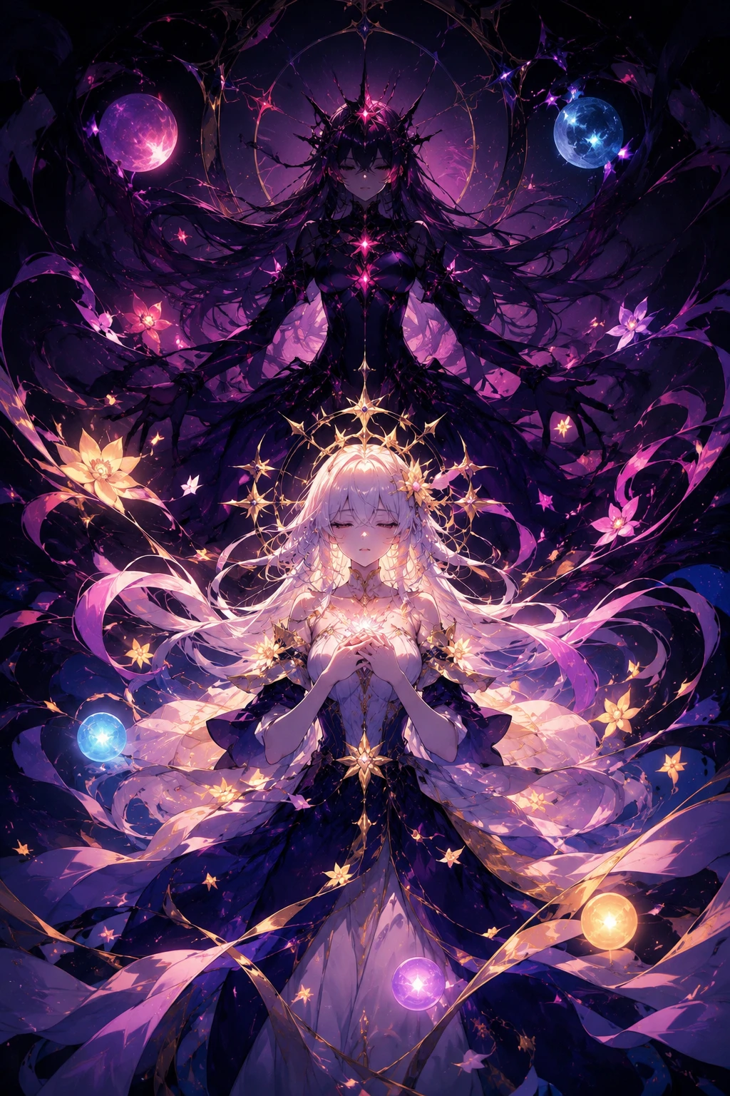Mulher de anime de fantasia sombria emoldurada por sombra e luz simbólicas
