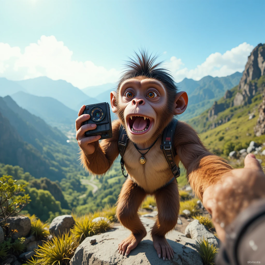 Macaco fazendo vlog enquanto caminha por montanhas verdes