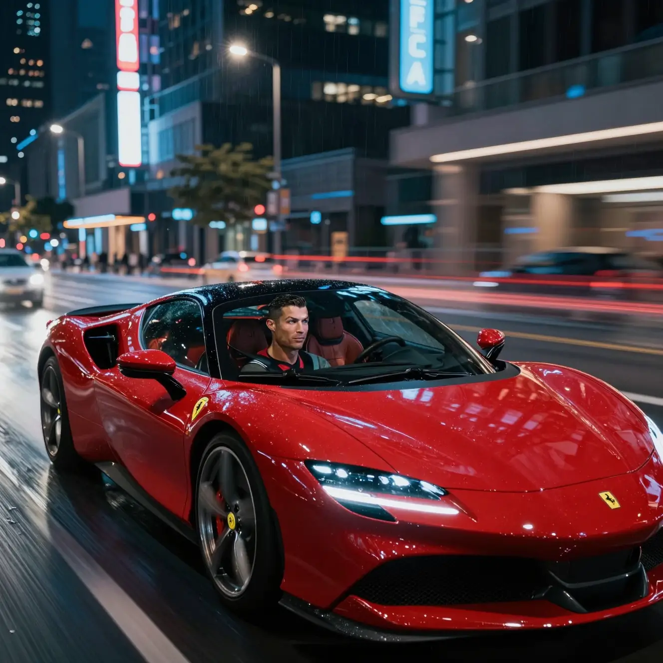 Sports car racing through neon lit city streets at night