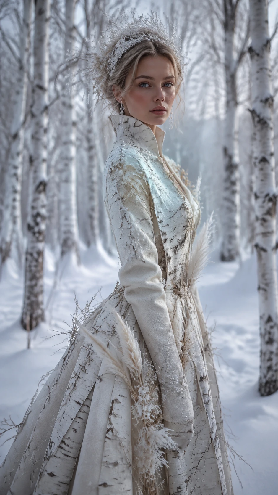 Woman in couture gown in a snowy birch forest