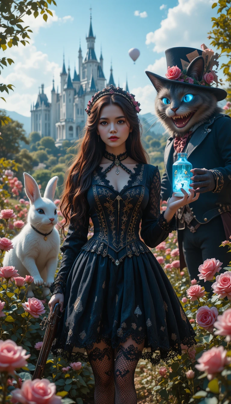 Garota de fantasia gótica com coelho guardião no jardim de rosas