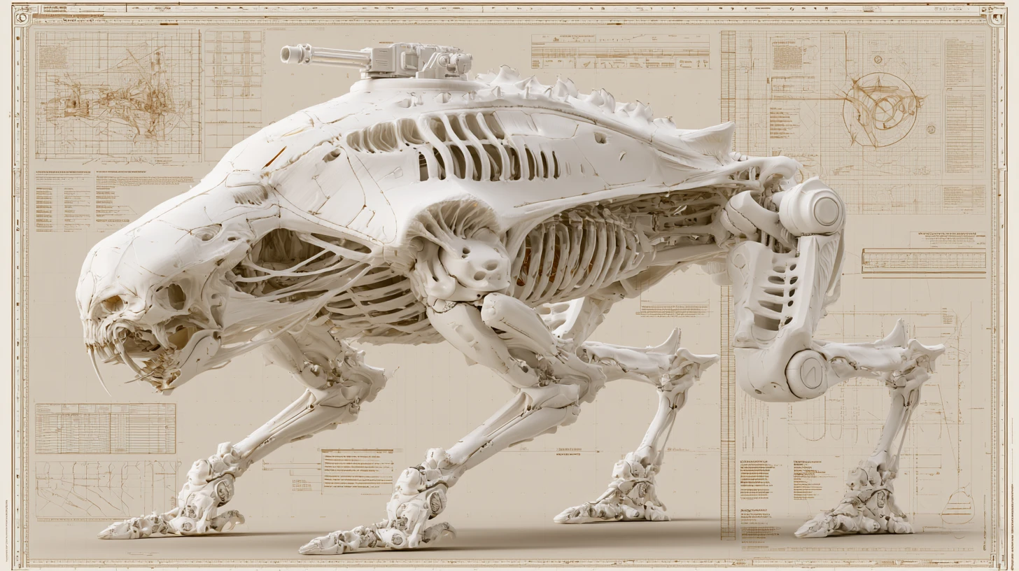 Meca de batalla con exoesqueleto alienígena en diagrama técnico 3D