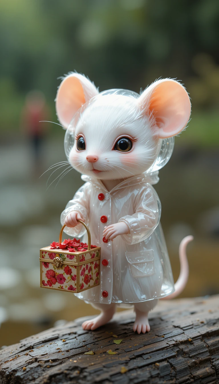 Pequeno ratinho chibi branco de capa de chuva em um tronco no rio