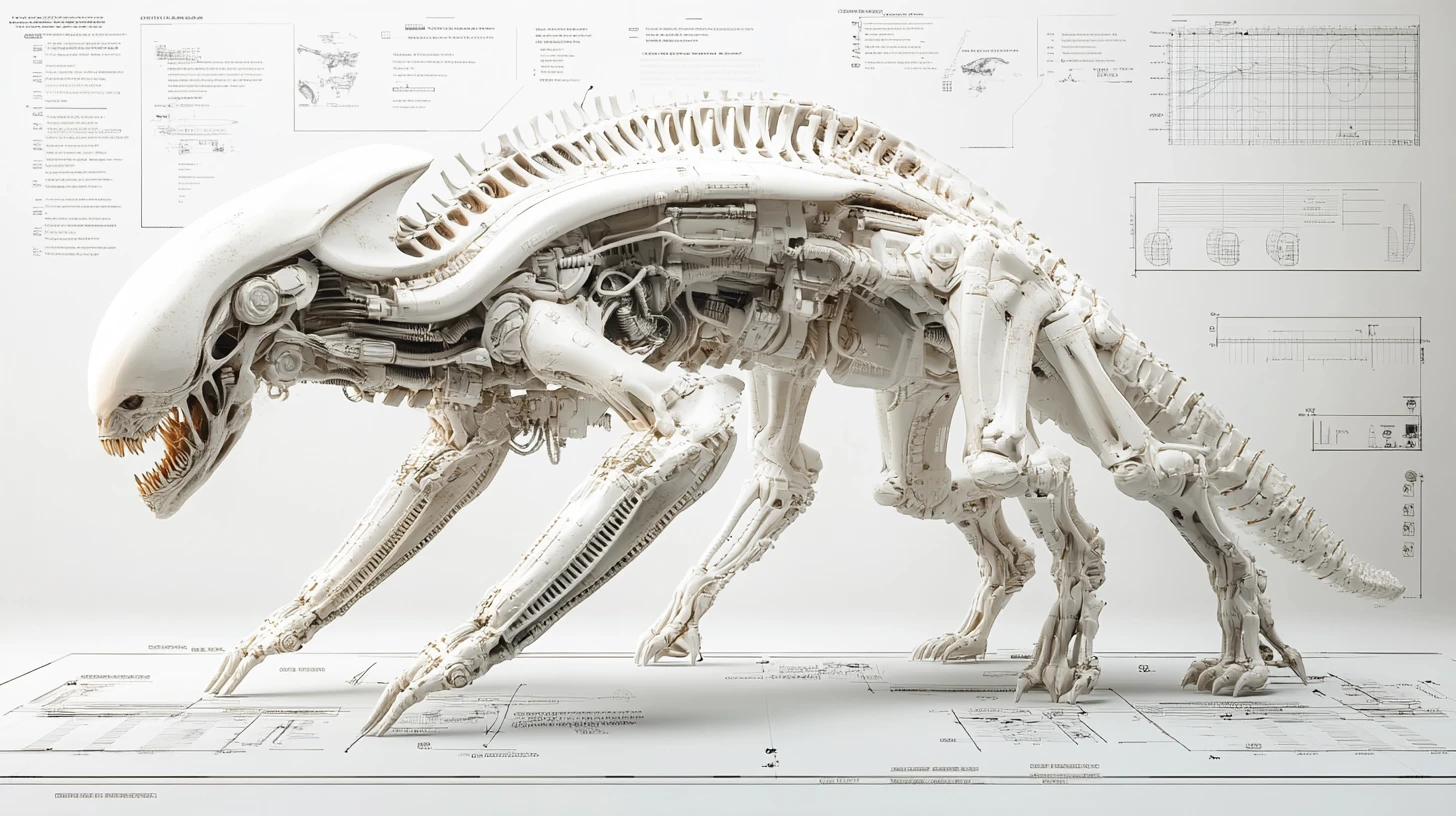 Meca de combate alienígena orgánico en diagrama técnico 3D