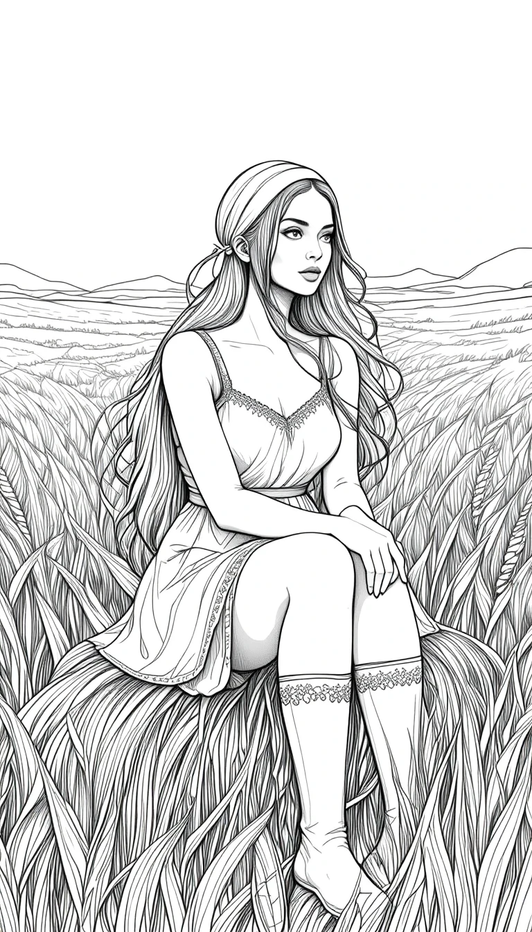 Ilustração em linha de jovem mulher em campo de trigo