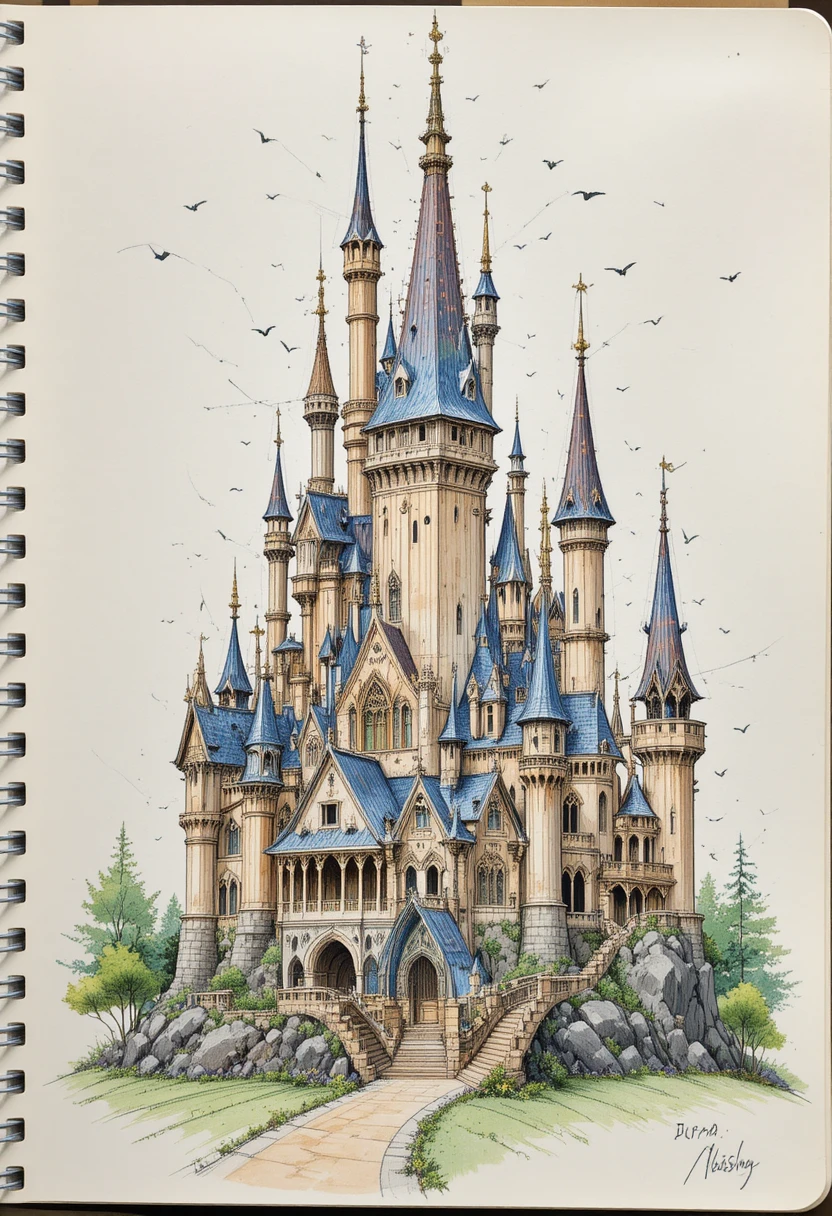 Esboço de castelo de fantasia em sketchbook de artista com anotações