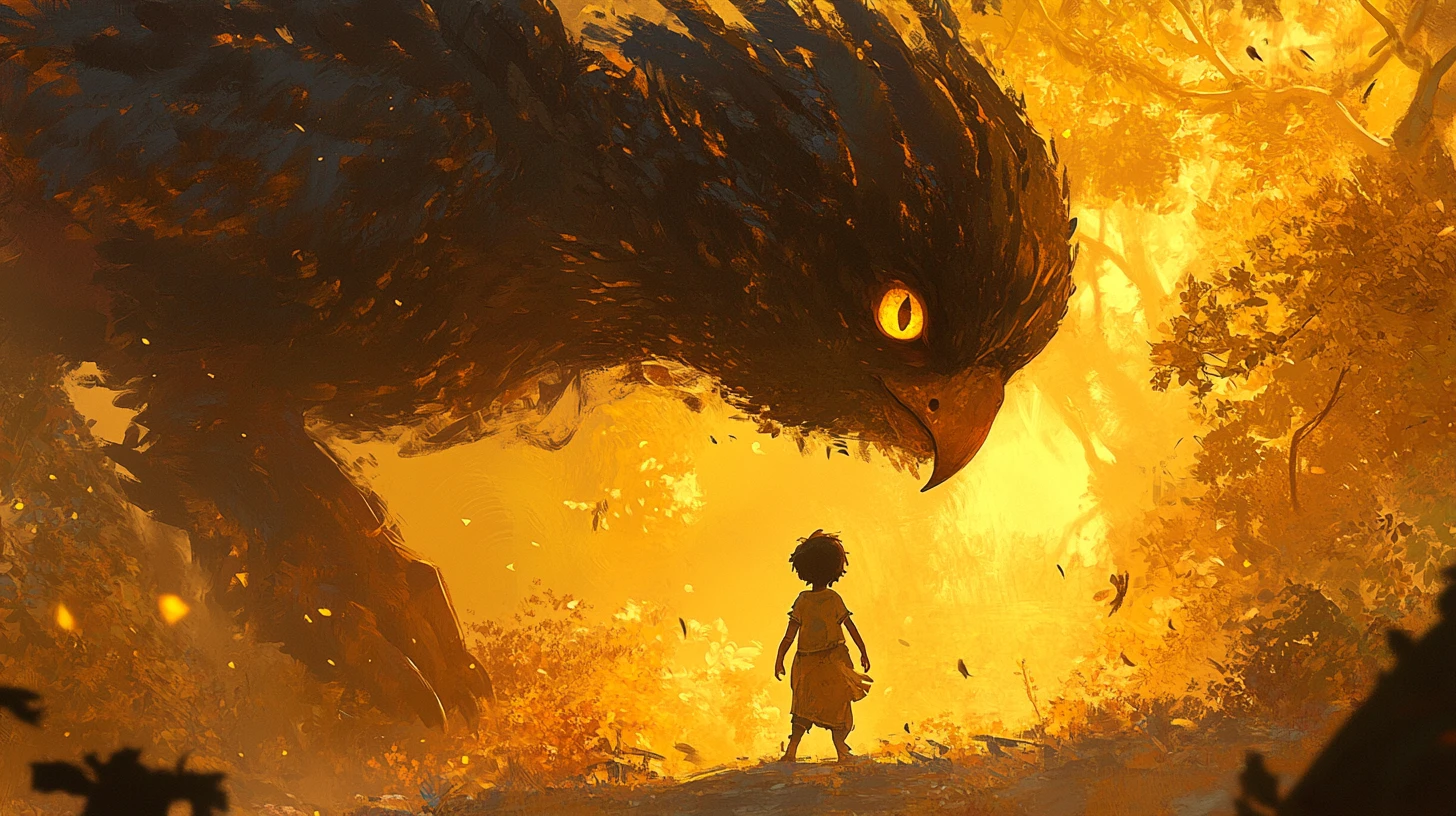 Héros de fantasy en pose dynamique avec effets magiques lumineux