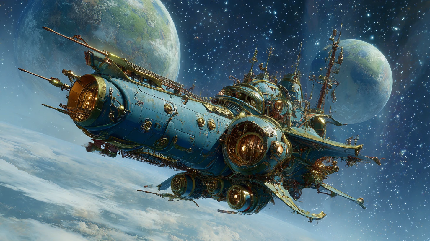 Nave espacial steampunk guiada por uma bruxa cósmica na galáxia