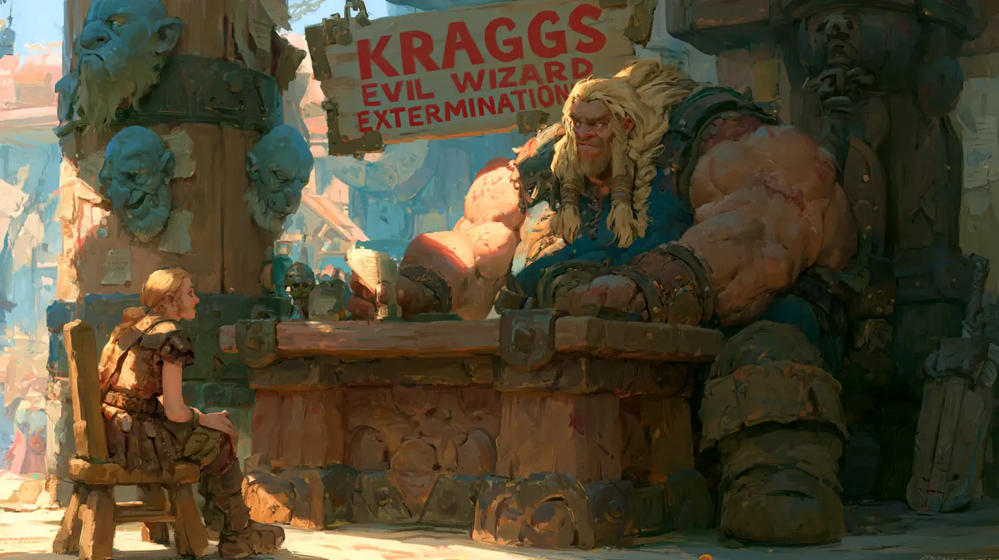 Barbarian warrior at a fantasy office desk with client