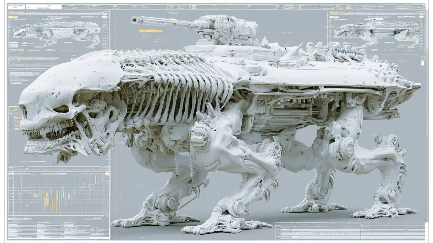 Alien-Exoskelett-Kampf-Mech mit Totenschädel-Front und Kanone
