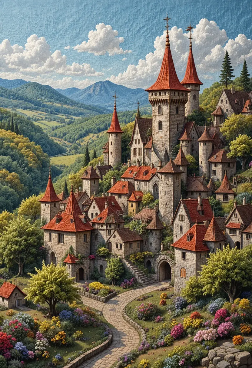Colorato villaggio medievale realizzato come ricamo dettagliato
