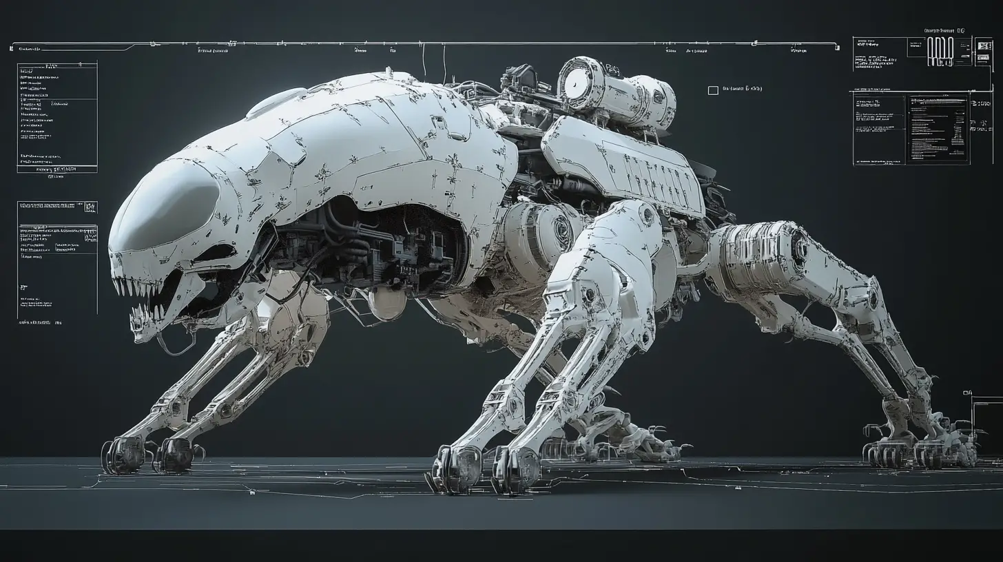 Alien-Exoskelett-Kampfmech mit Schädel-Front und Kanone