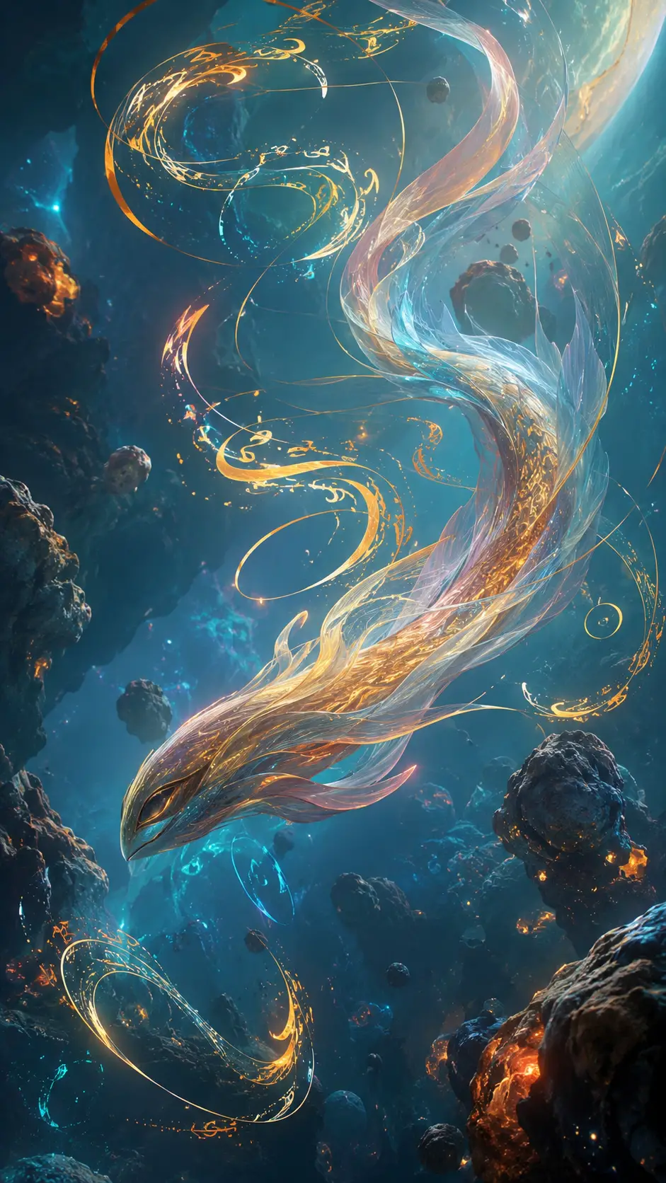 宇宙に光る紋様を描く流動するエイリアン生命体