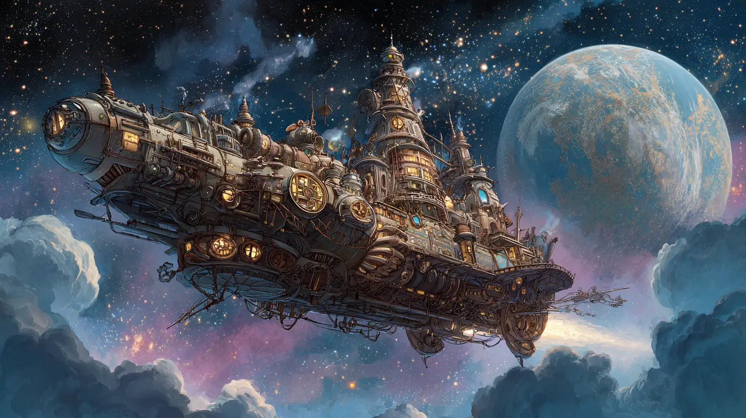 Vaisseau spatial steampunk et sorcière cosmique traversant une galaxie remplie d’étoiles