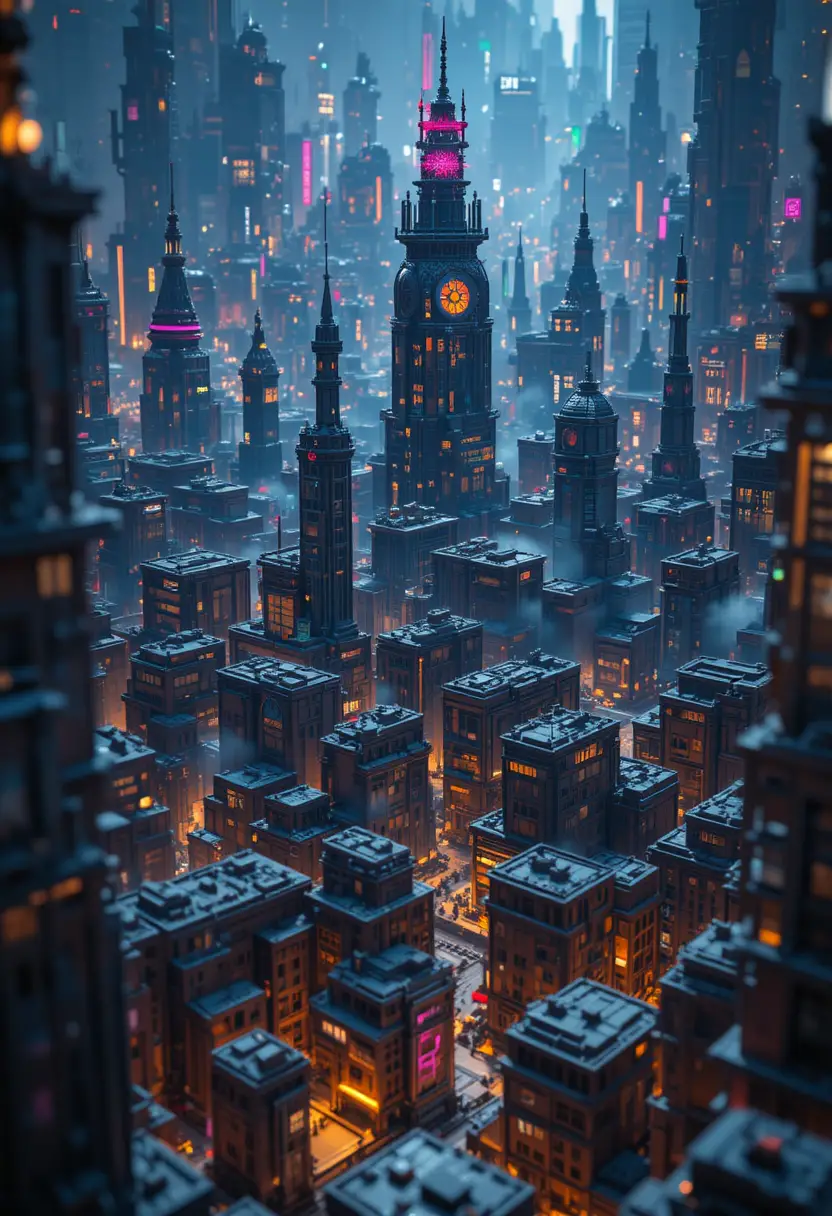 細緻微縮城市景觀中的賽博龐克 LEGO 超級都市