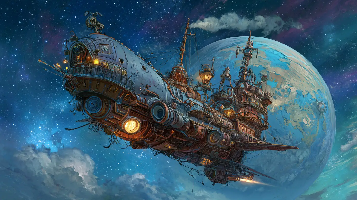 Vaisseau spatial steampunk et sorcière cosmique dans une galaxie lumineuse