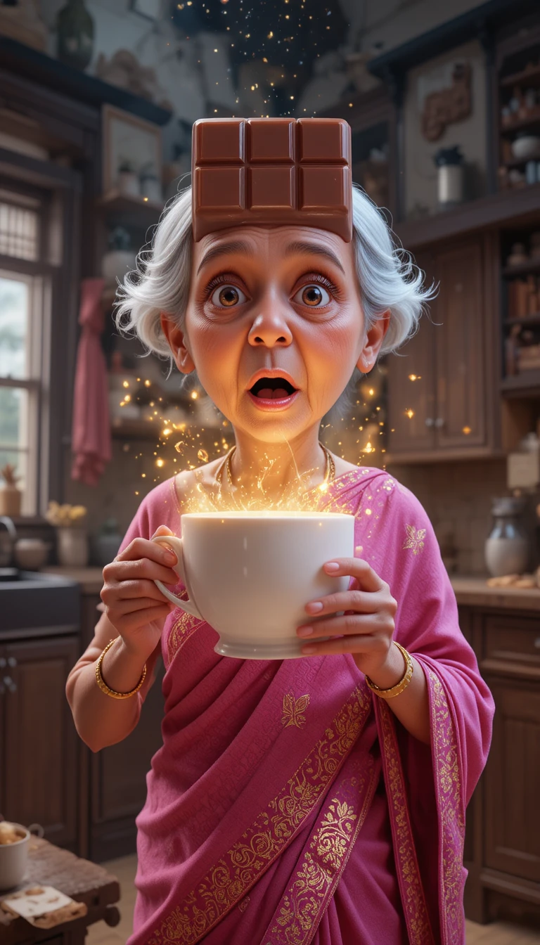 Schockierte Großmutter, als die Teetasse sich in eine riesige Schokoladentafel verwandelt