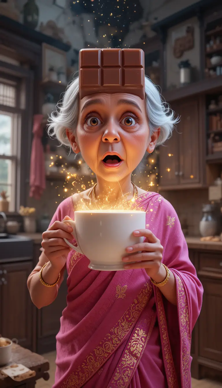 Shocked Grandmother As Teacup Transforms Into Giant Chocolate Bar