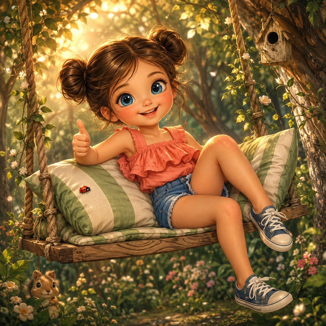 Garota de cabelo castanho relaxando em um balanço na floresta