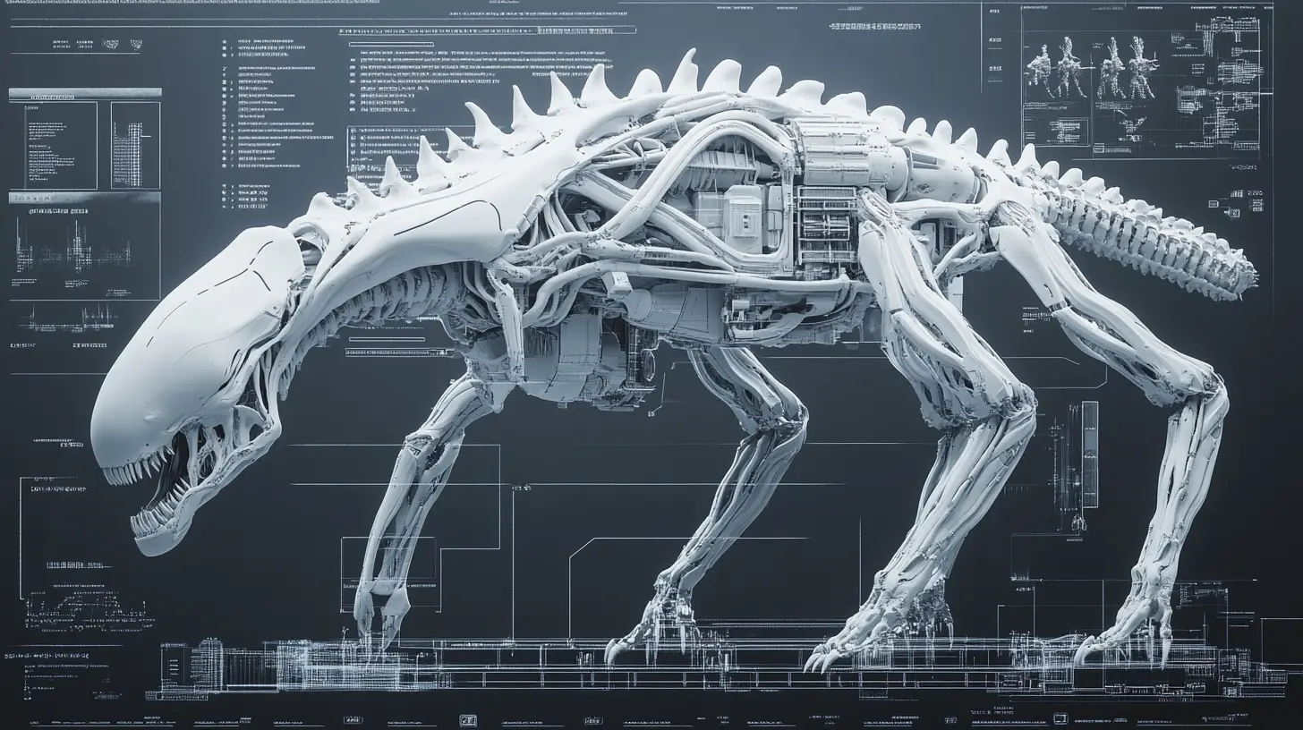 Mecha de combat à exosquelette alien en schéma technique 3D