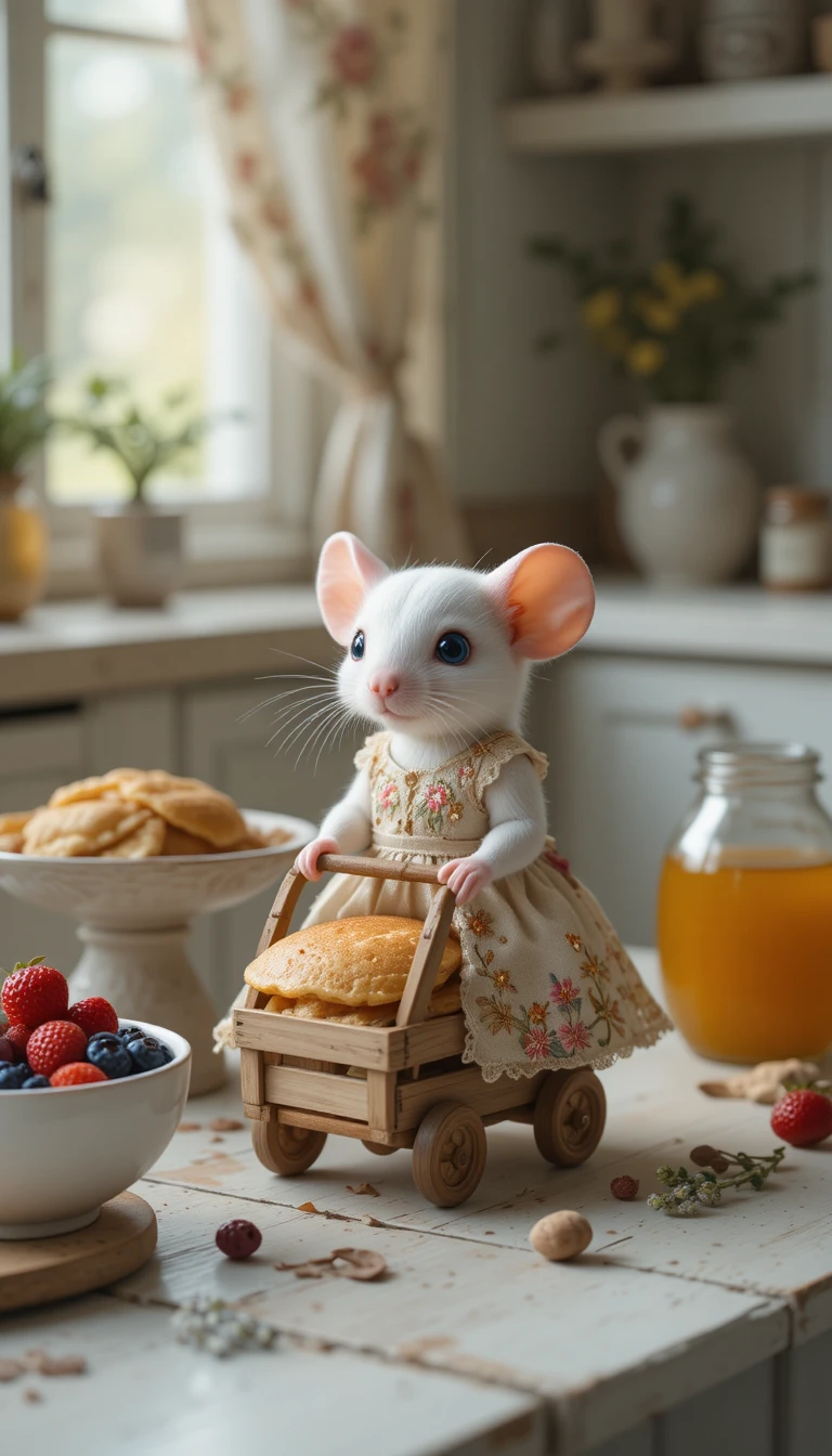 Pequeno rato branco puxando um carrinho de panquecas