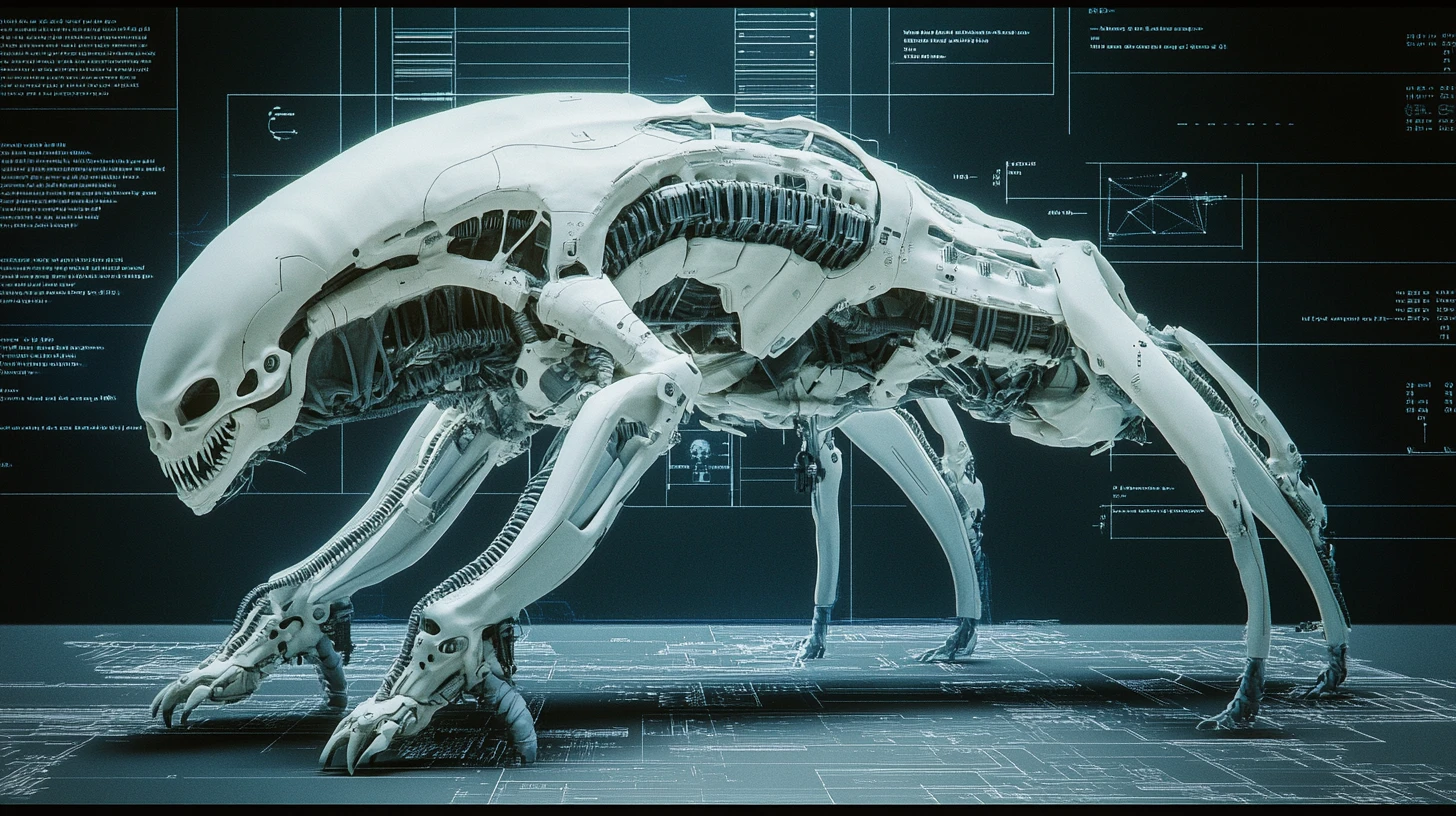 Andador mecánico alienígena orgánico en renderizado 3D técnico