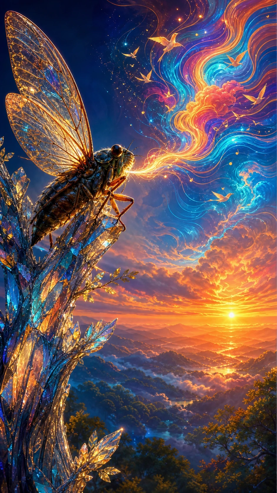 Cigarra Cantando Ondas Coloridas em uma Árvore de Cristal