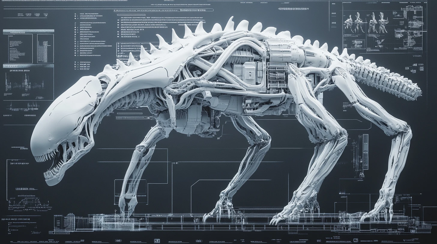 Meca de combate con exoesqueleto alienígena en diagrama técnico 3D