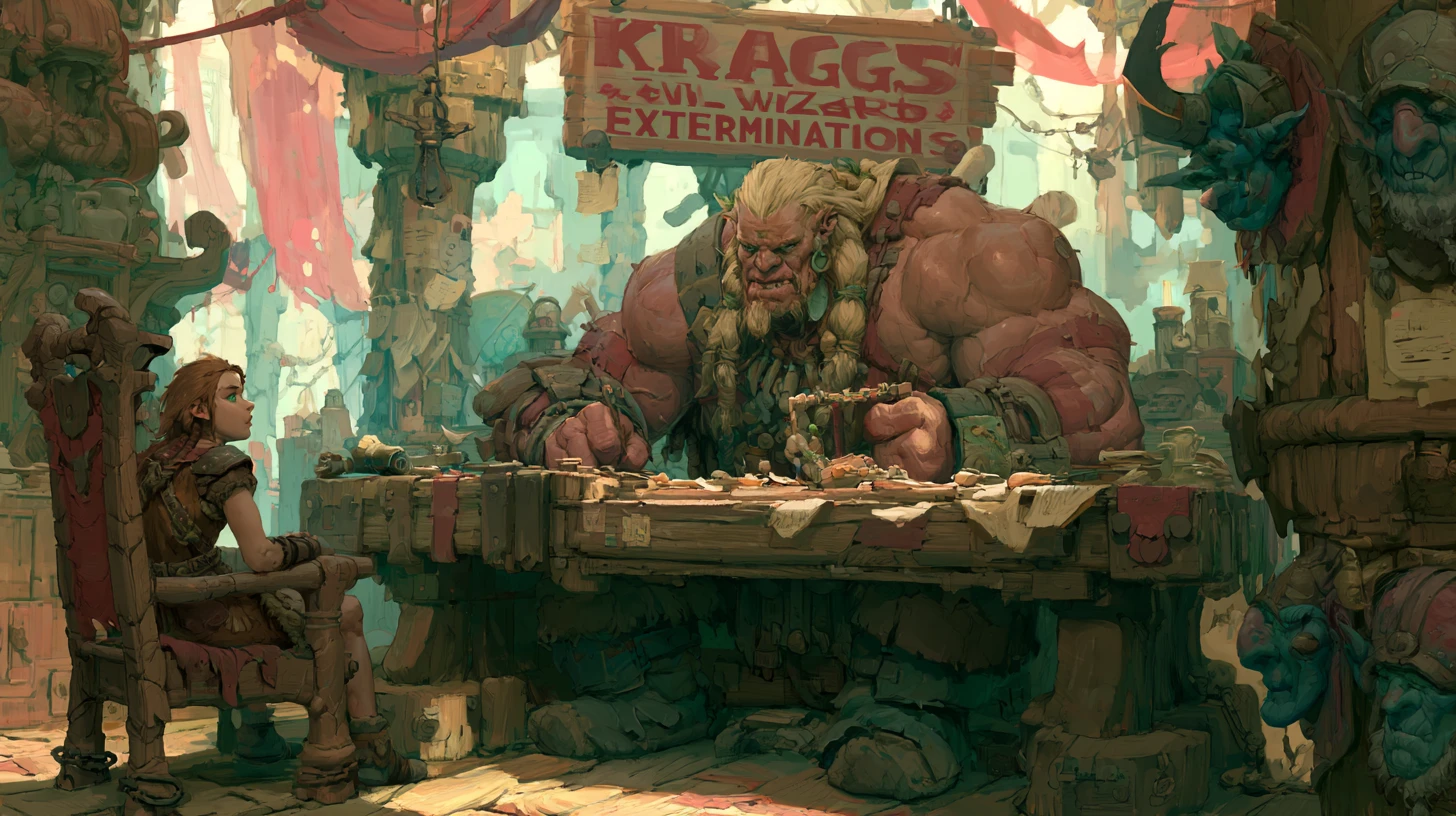 Guerreiro bárbaro em uma mesa fantástica em um escritório de mago