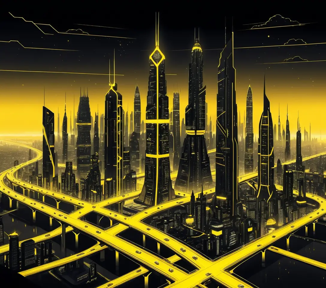 Futuristic Neon Cyber City Map With Towering Skyscrapers