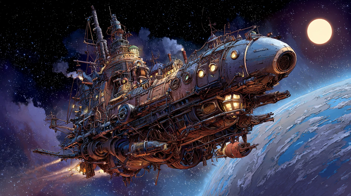 Nave espacial steampunk guiada por uma bruxa cósmica na galáxia