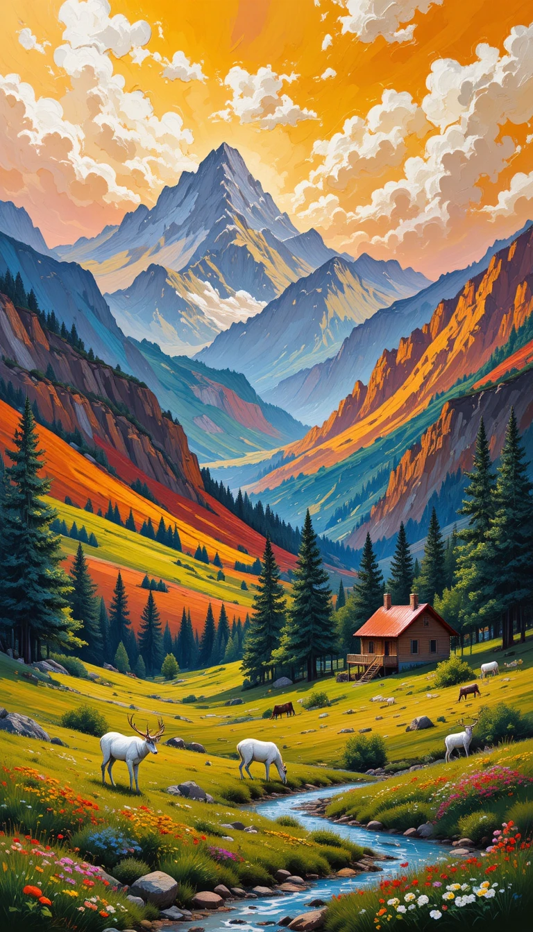 Cervo impressionista em um vibrante vale montanhoso