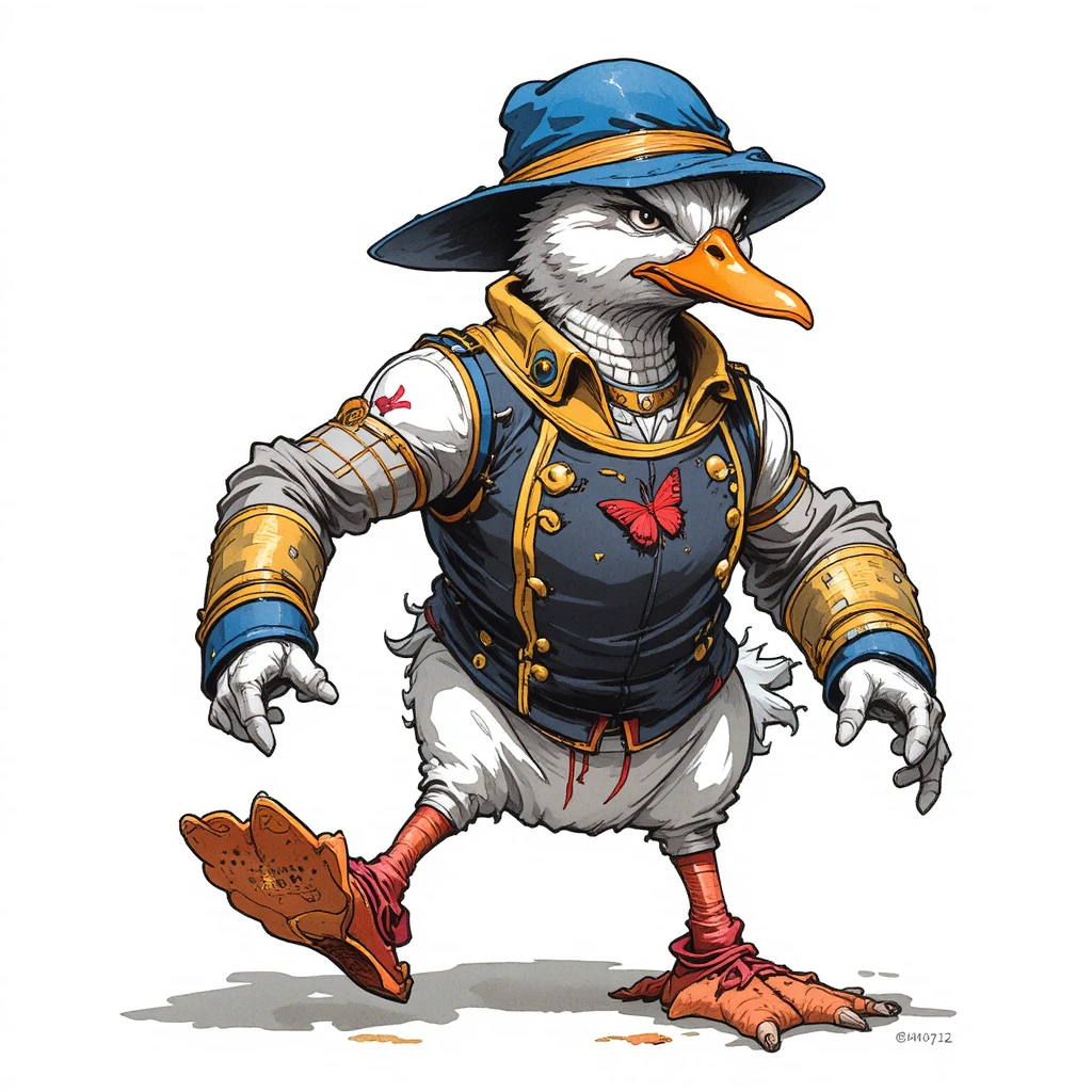 Entschlossene Cartoon-Ente in lebendigem Comic-Outfit