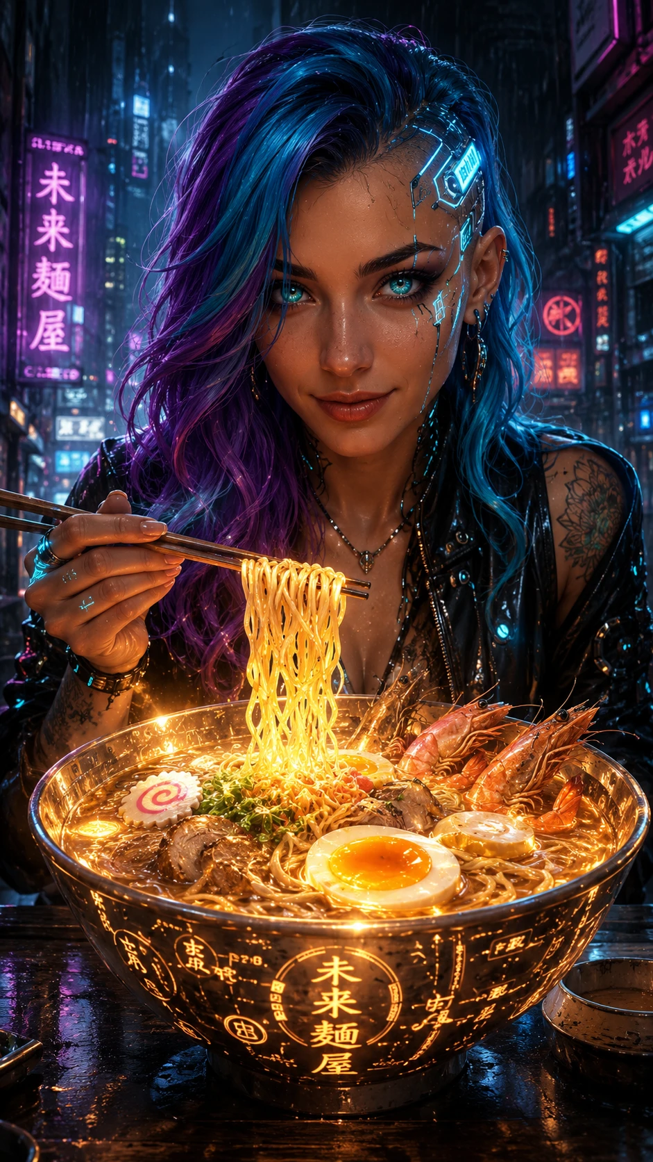 Mulher cyberpunk aproveitando uma tigela mágica de lámen brilhante