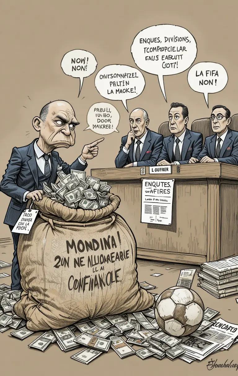 Satirical cartoon of football officials arguing over money