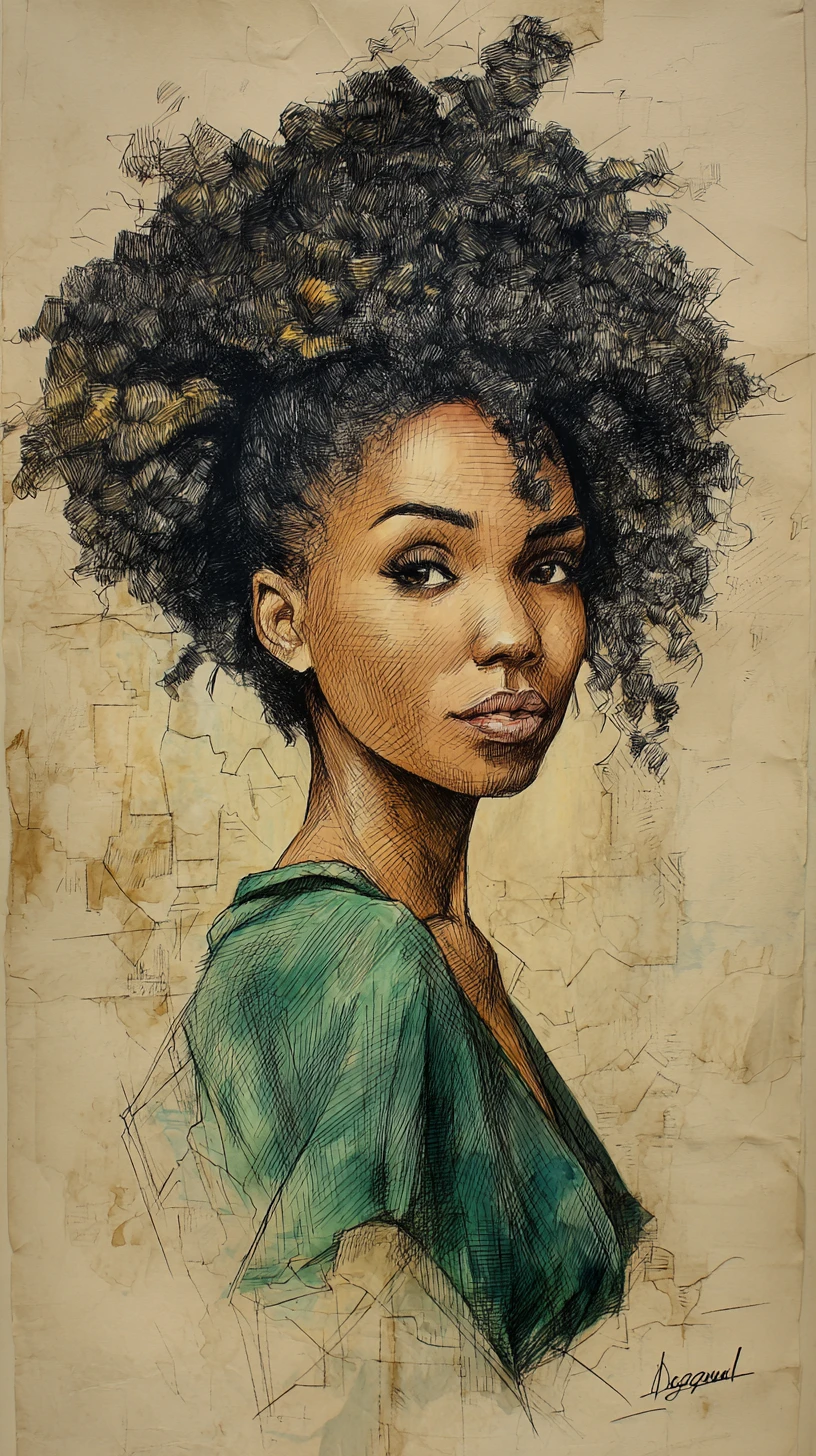 Serene close up portrait of a black woman with afro hair