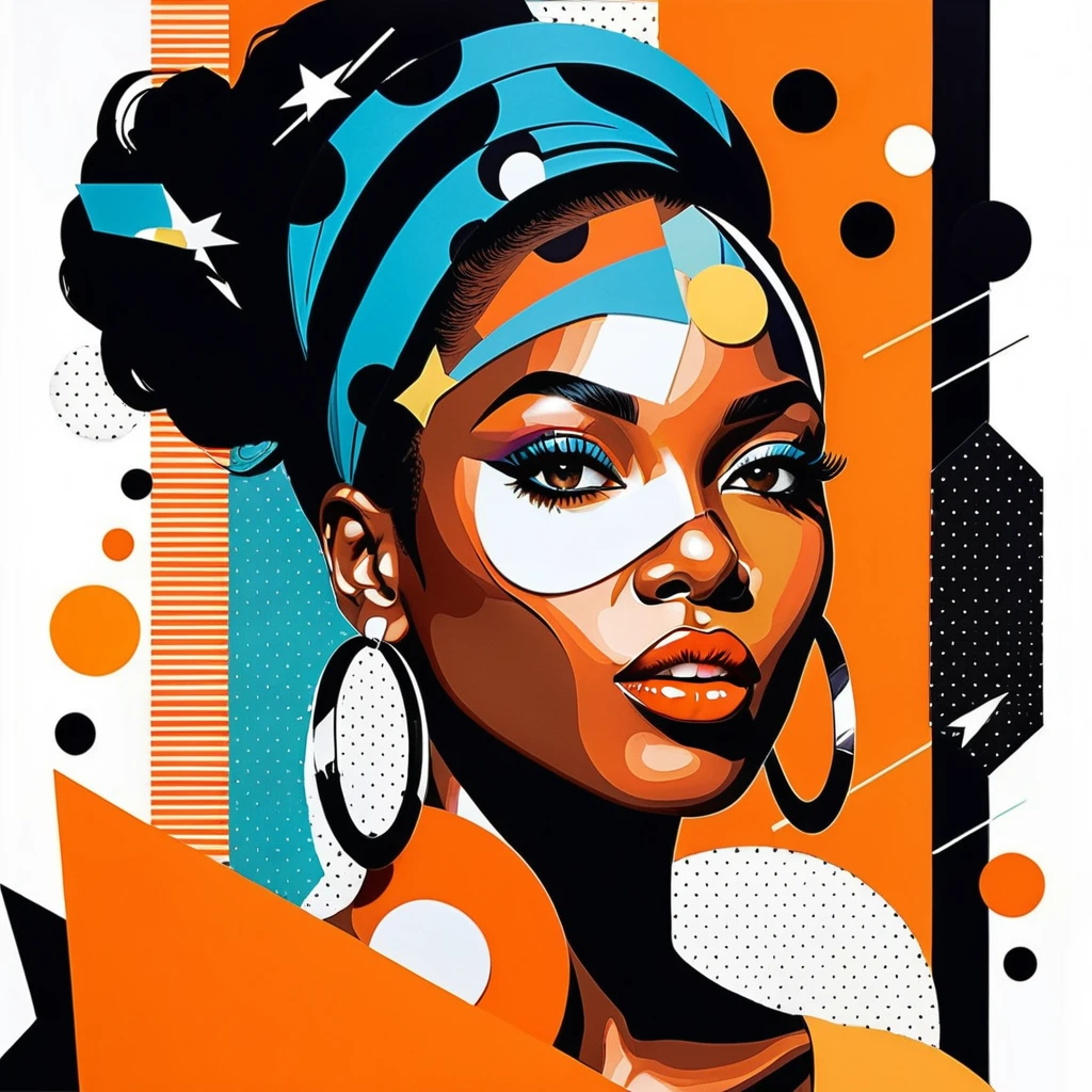 Mujer negra juguetona en audaz ilustración de collage pop art