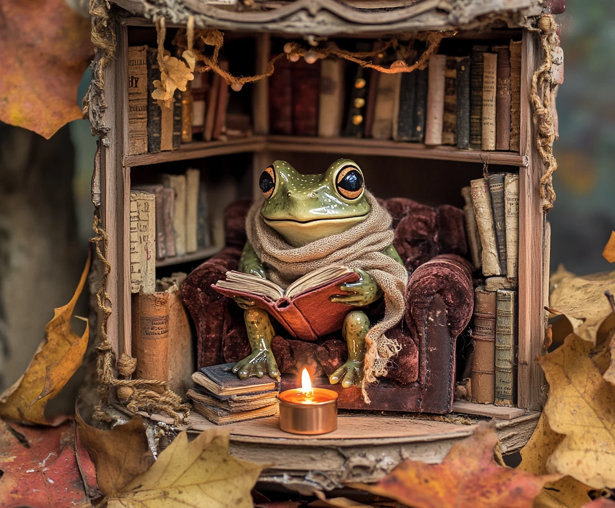 Sapo aconchegante lendo em um diorama dentro de uma lâmpada
