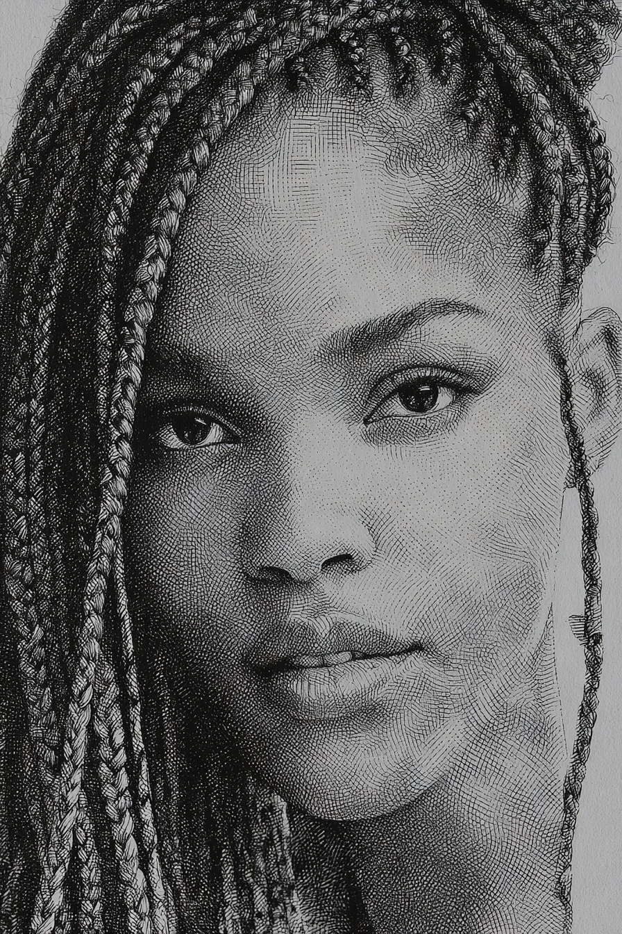 Graphite portrait of a young woman with box braids