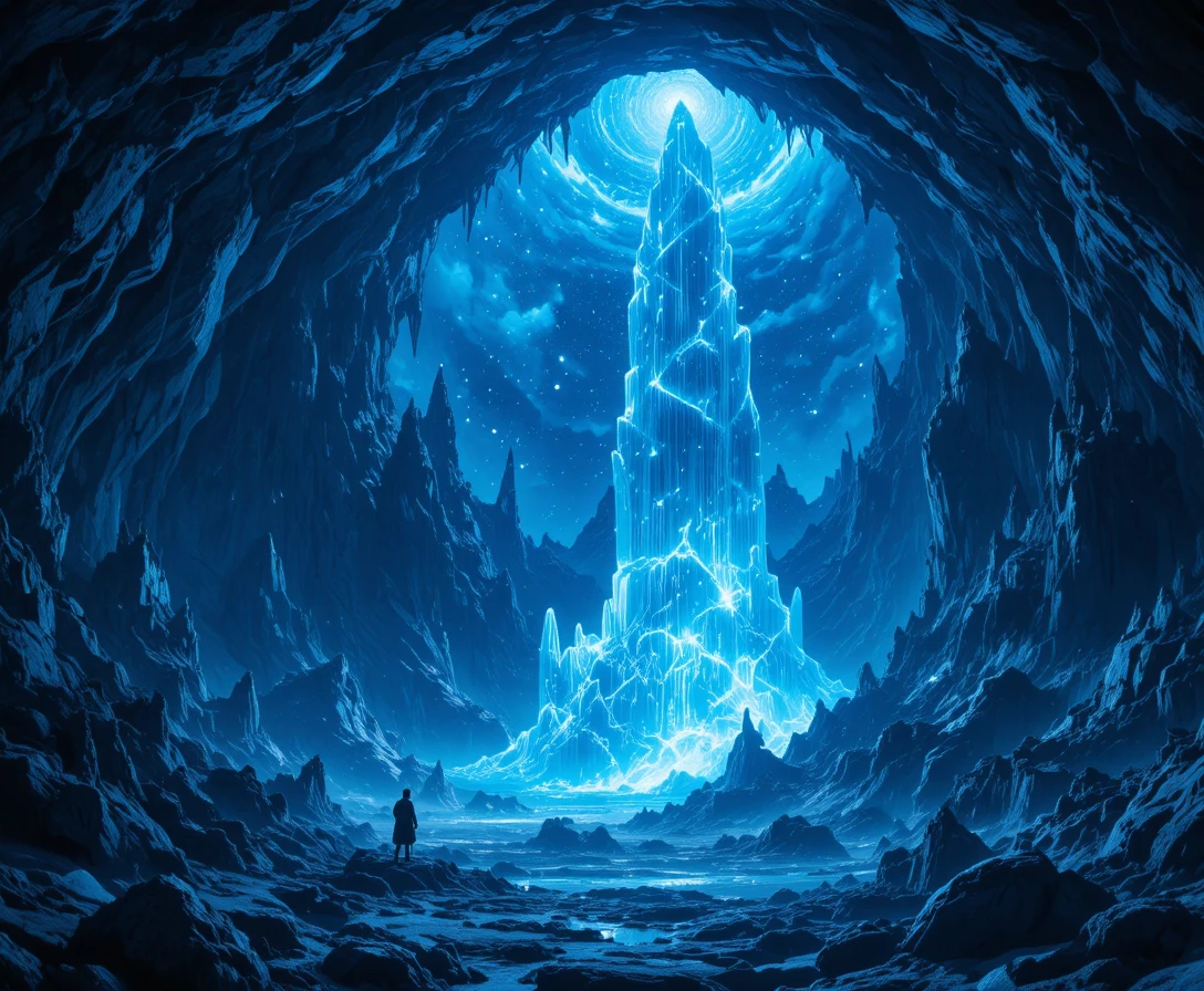 Crystal cave fantasy landscape under a glowing midnight sky