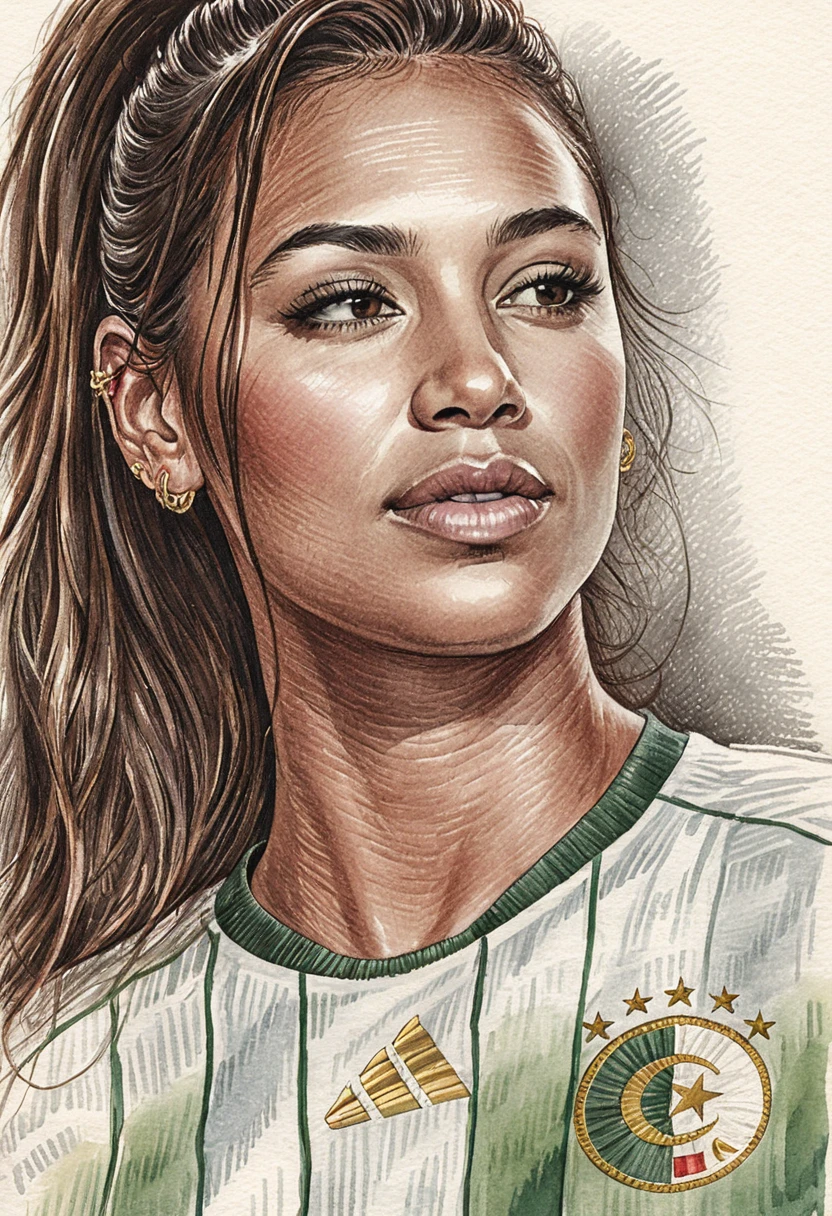 Pen drawing portrait of a serene young woman in Algeria jersey