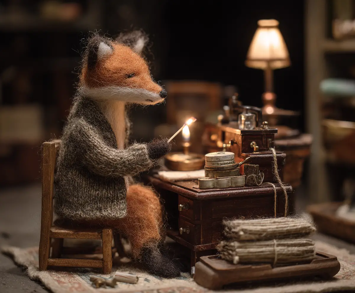 Sleeping fox in a cozy wool cardigan crafted with needle felting