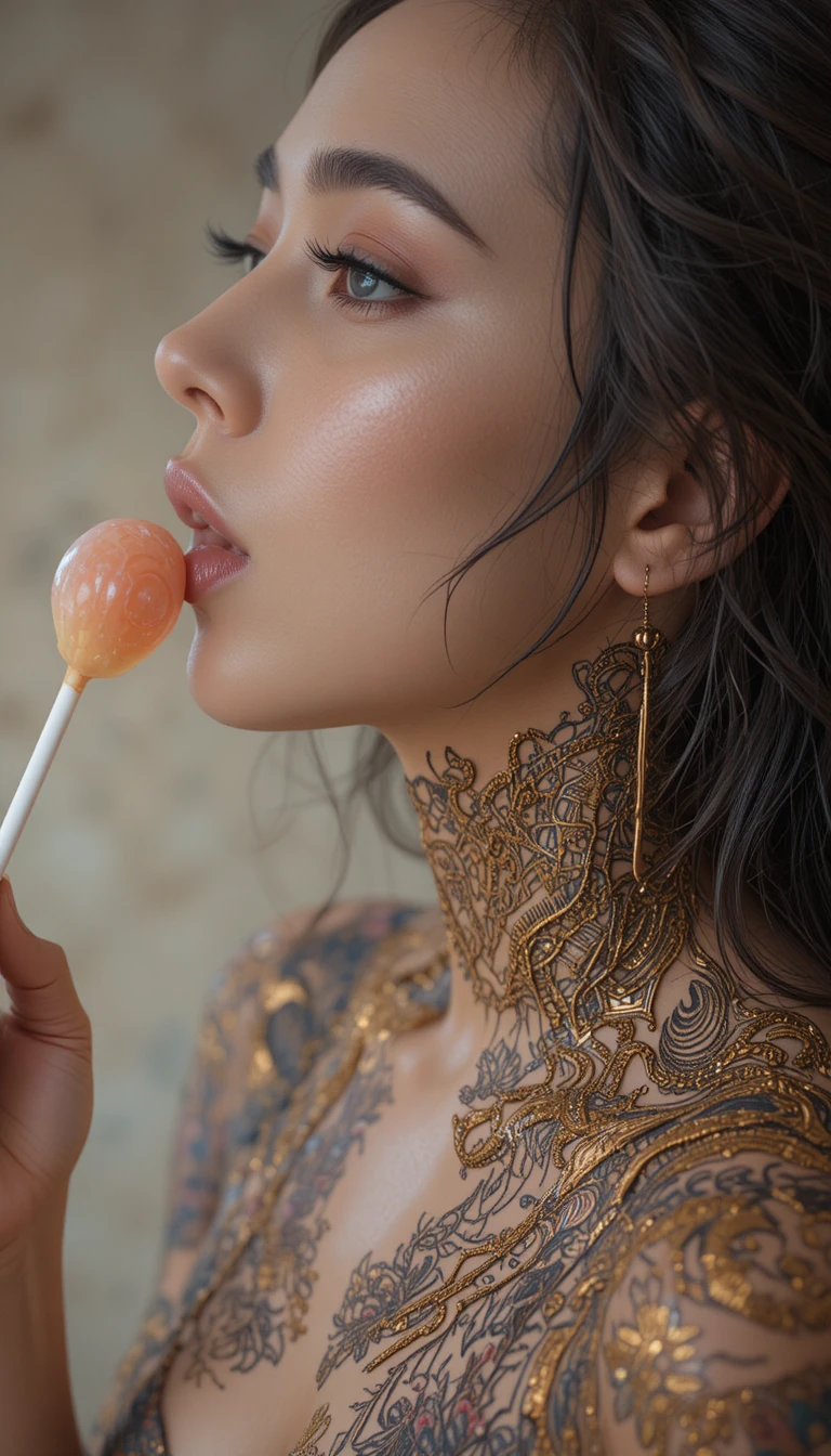 Close sensual de mulher beijando um pirulito