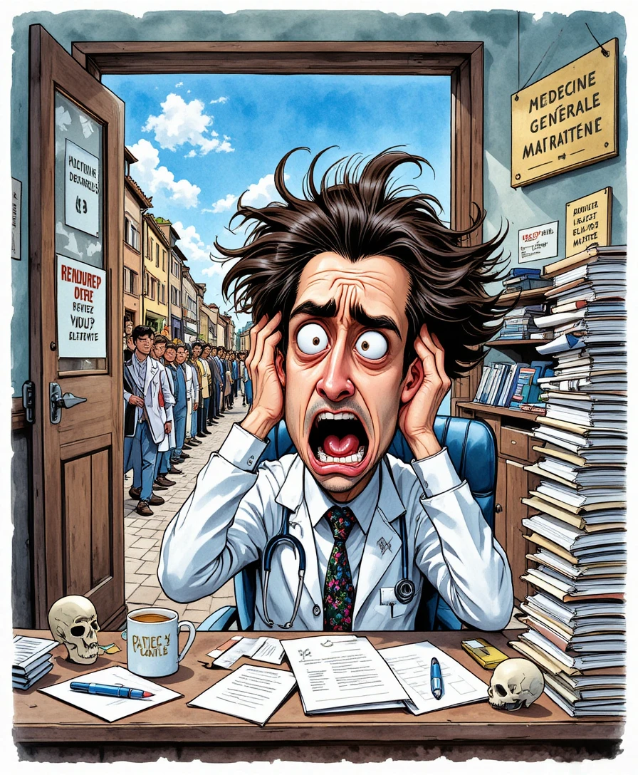 Medico sopraffatto a una scrivania in disordine in un ufficio cartoon