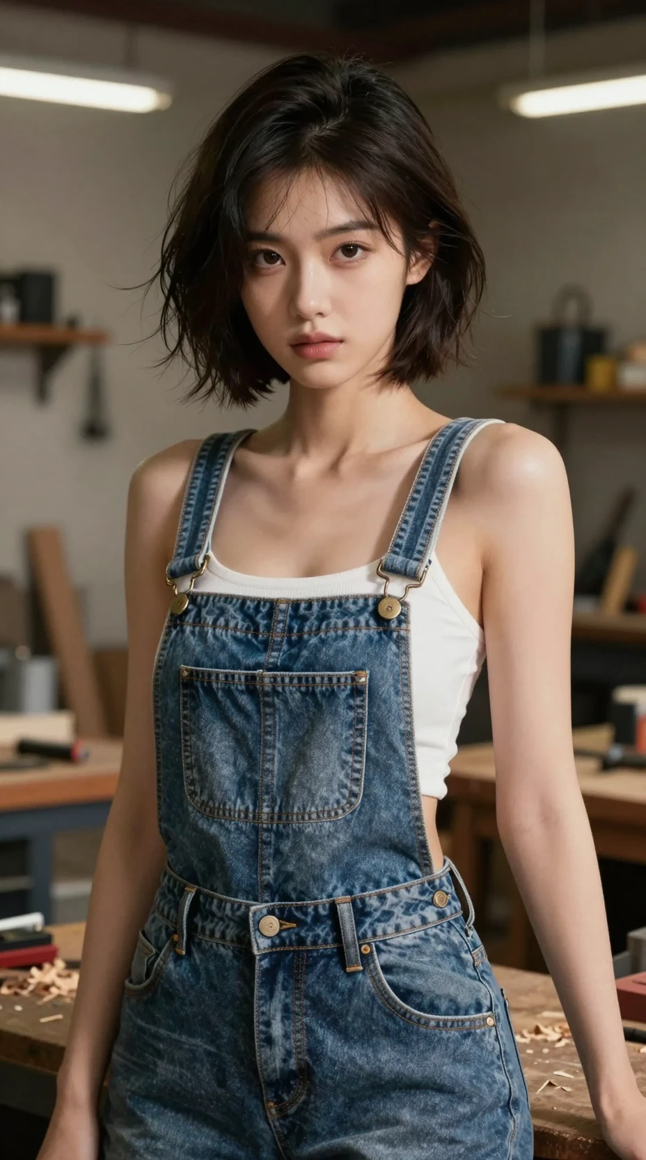暖かな作業場のデニムオーバーオールの若い少女