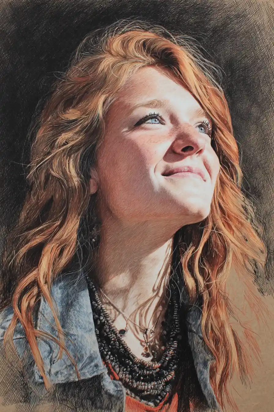 Low angle color pencil portrait of a smiling girl