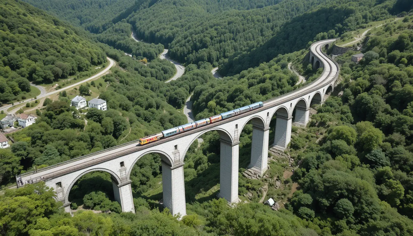 Steinviadukt über einem üppig grünen Waldtal