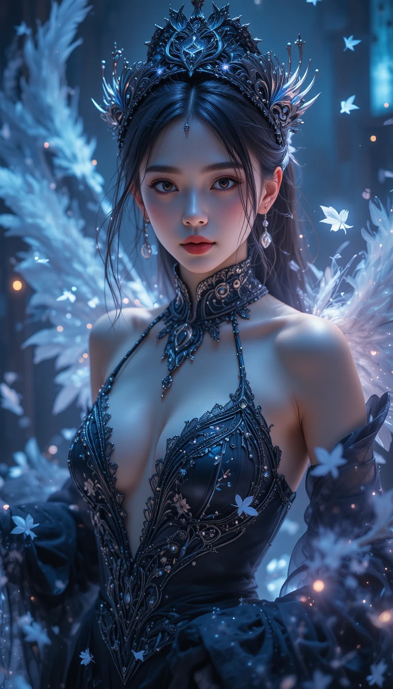Alluring anime Korean princess in a glowing feathered realm