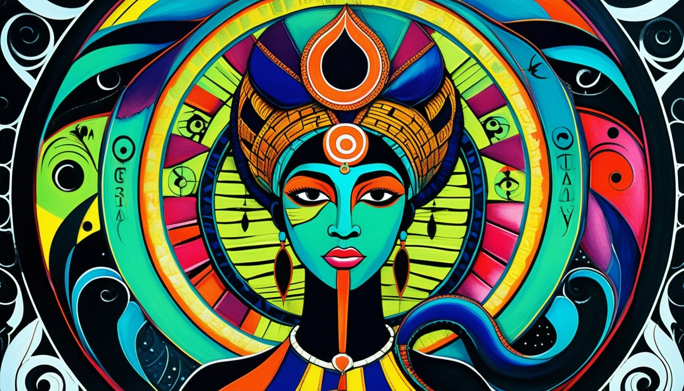 Guardián serpiente afro de lujo en azul y dorado, arte mixto